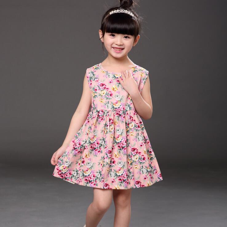 Girls Sleeveless Flower Print Dresses Summer