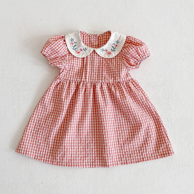 Toddler Baby Girls Grid Embroidery Dresses Summer