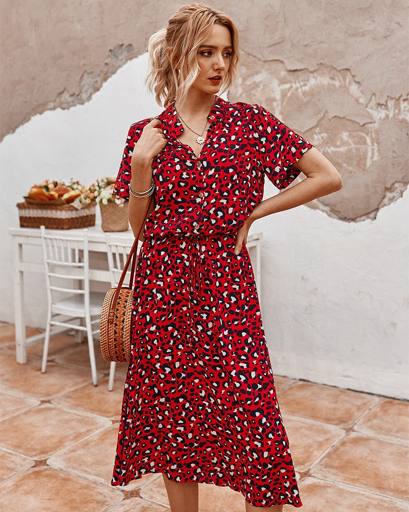 Dress Summer Leopard Print Shirt Dress and Bohemian