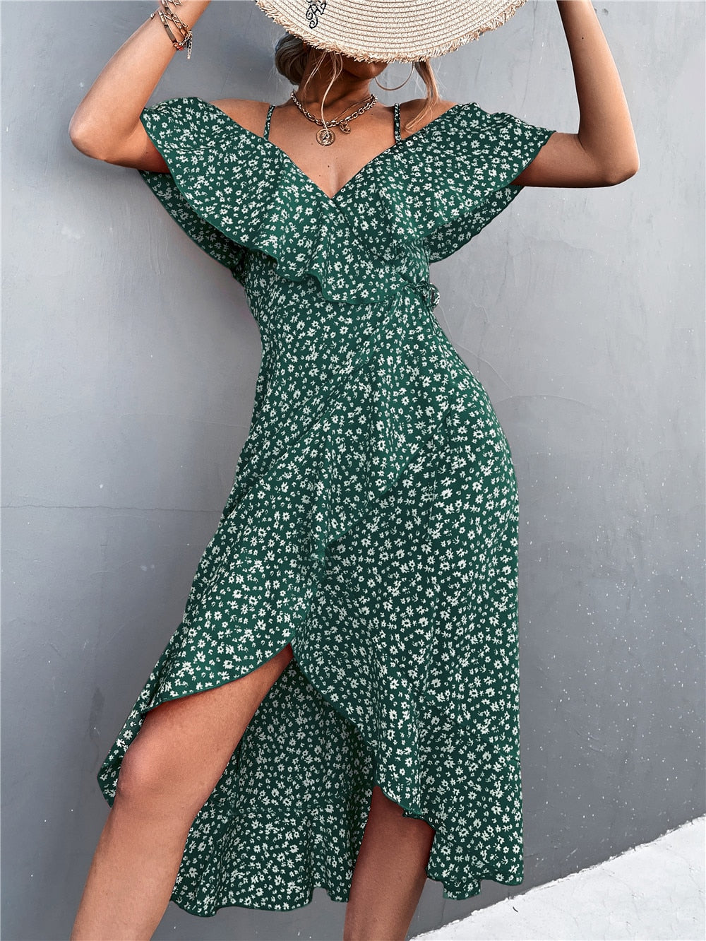 One-shoulder Floral Elegant Suspender Dress