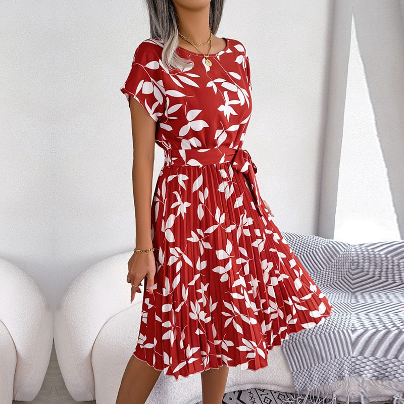 Long Dress Women Spring Summer Short Sleeve High Waist Chic Dress