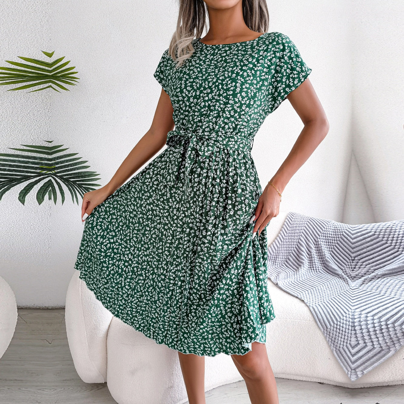 Long Dress Women Spring Summer Short Sleeve High Waist Chic Dress