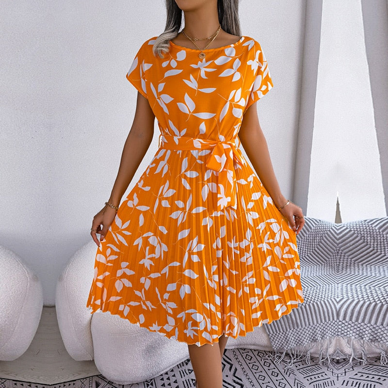 Long Dress Women Spring Summer Short Sleeve High Waist Chic Dress