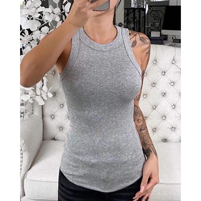 Women Solid Round Neck Ribbed Tank Top