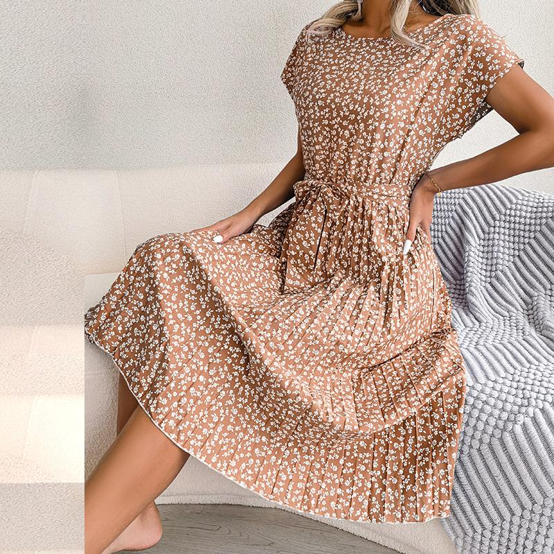 Long Dress Women Spring Summer Short Sleeve High Waist Chic Dress