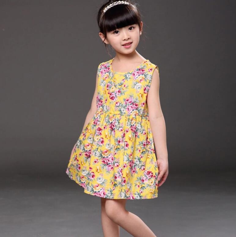 Girls Sleeveless Flower Print Dresses Summer
