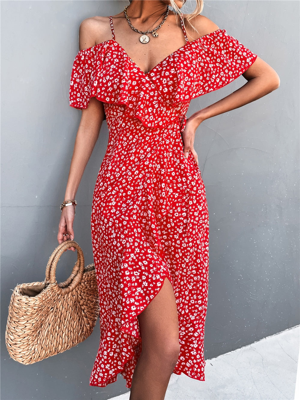One-shoulder Floral Elegant Suspender Dress