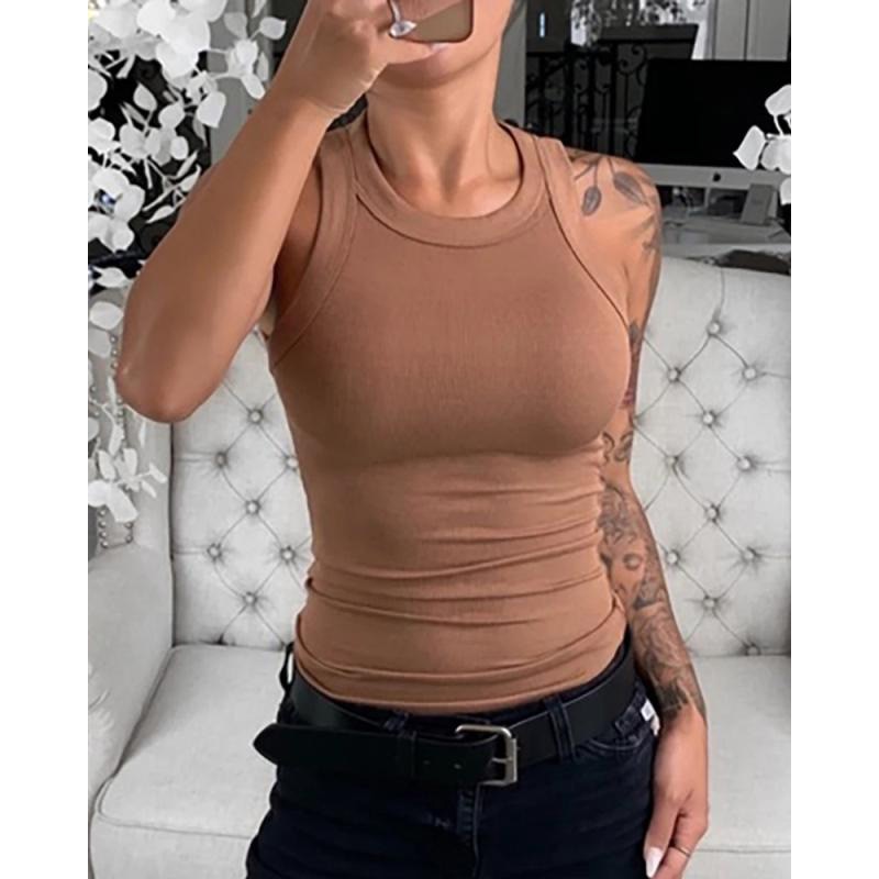 Women Solid Round Neck Ribbed Tank Top