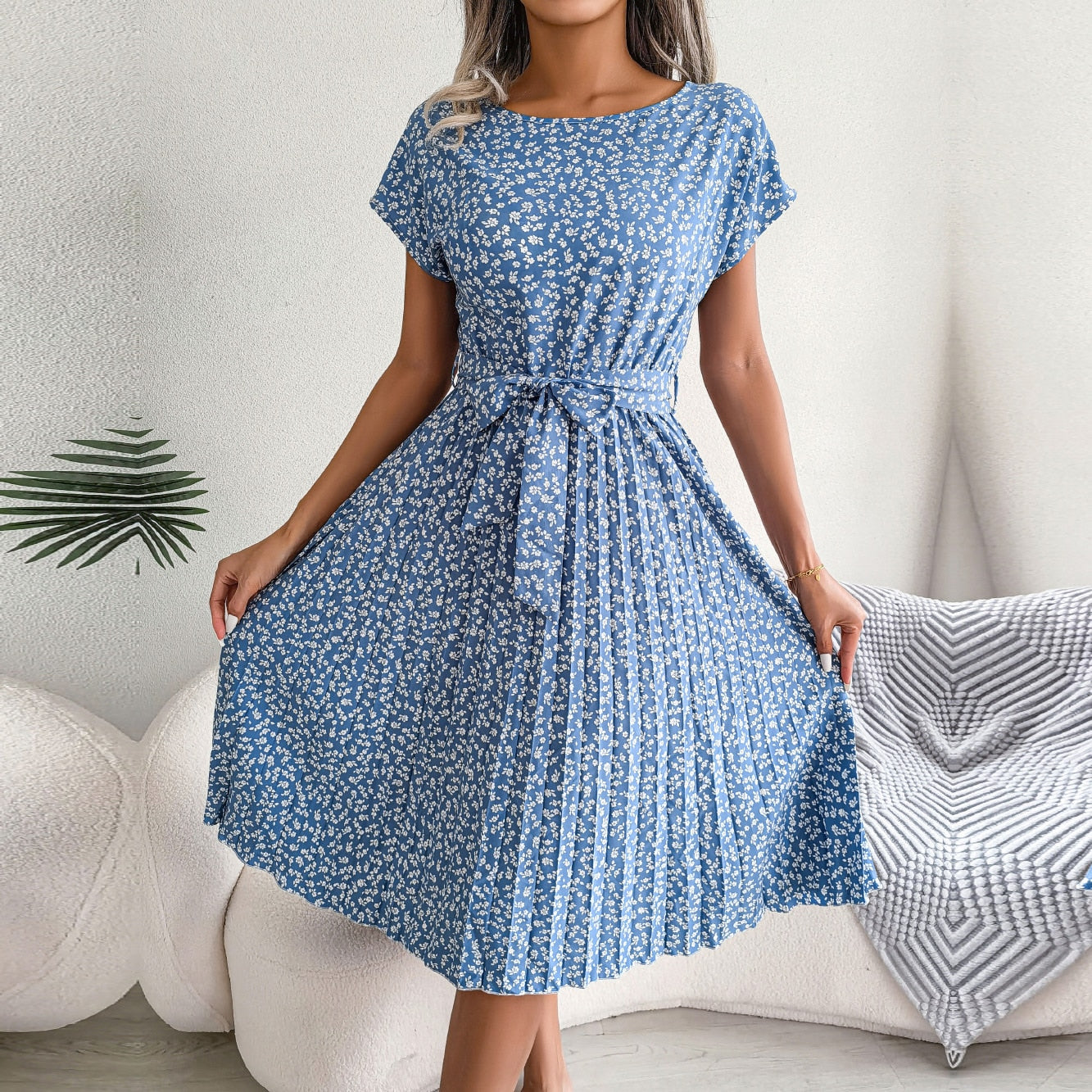 Long Dress Women Spring Summer Short Sleeve High Waist Chic Dress