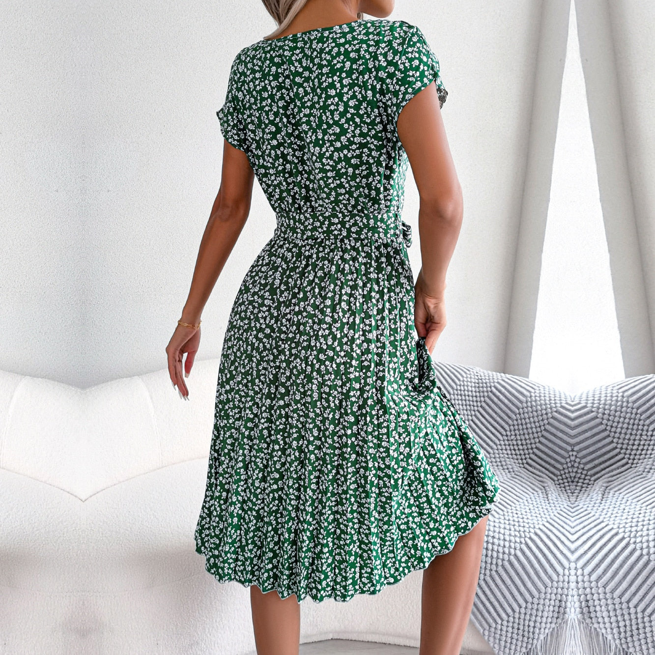 Long Dress Women Spring Summer Short Sleeve High Waist Chic Dress