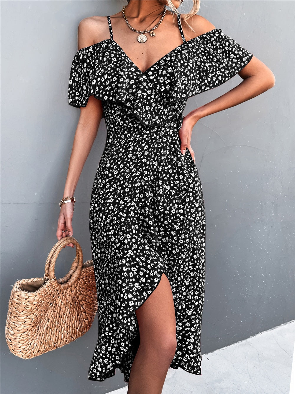 One-shoulder Floral Elegant Suspender Dress