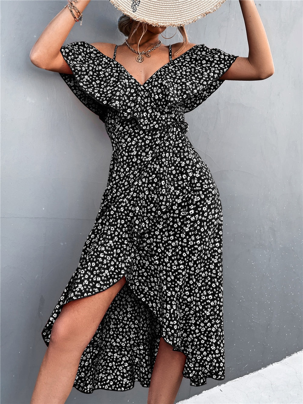One-shoulder Floral Elegant Suspender Dress