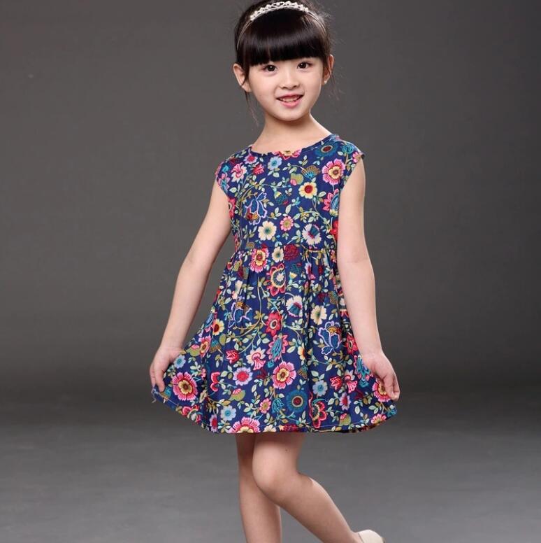Girls Sleeveless Flower Print Dresses Summer