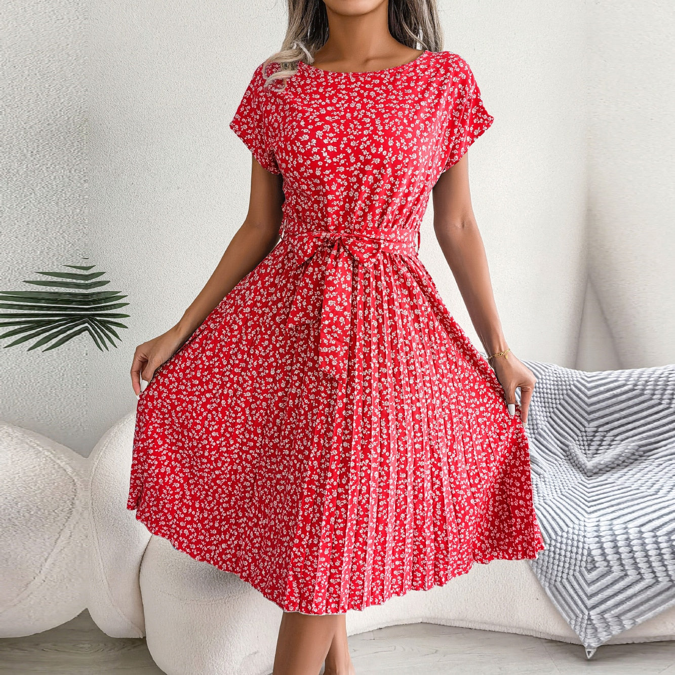 Long Dress Women Spring Summer Short Sleeve High Waist Chic Dress