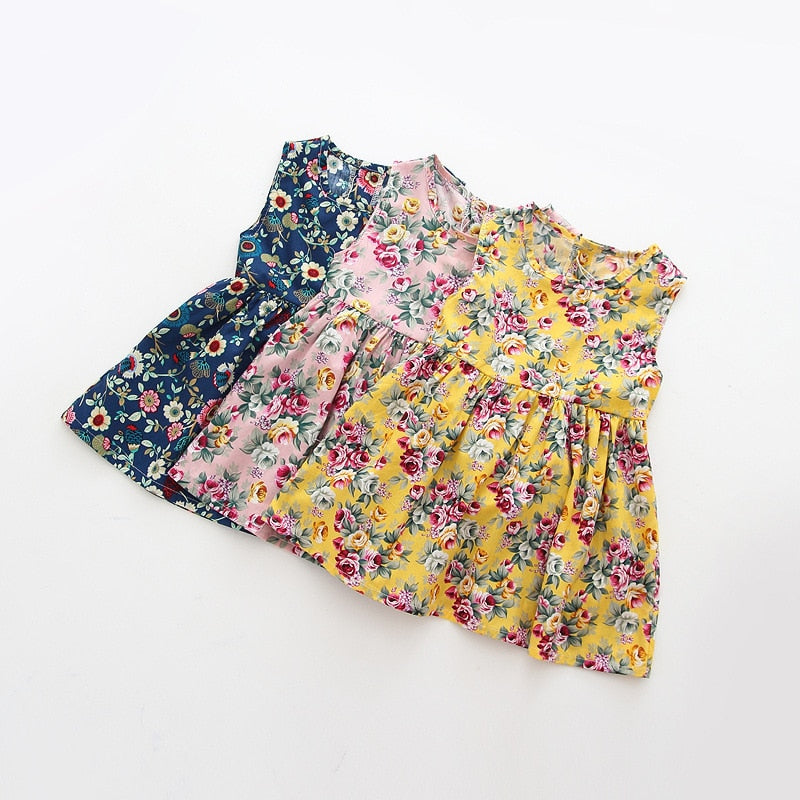 Girls Sleeveless Flower Print Dresses Summer
