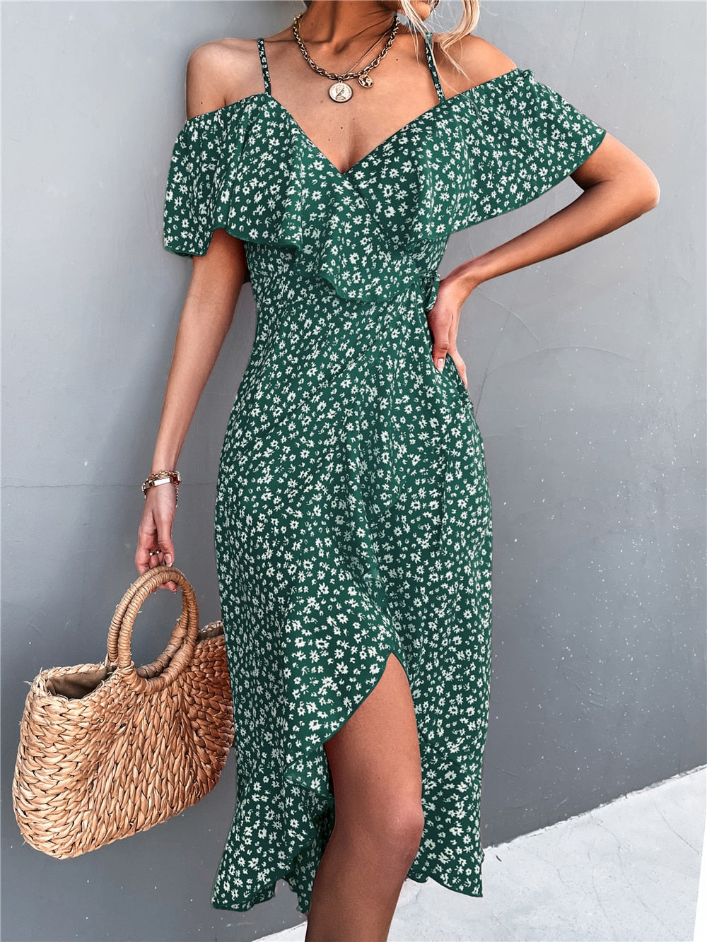 One-shoulder Floral Elegant Suspender Dress