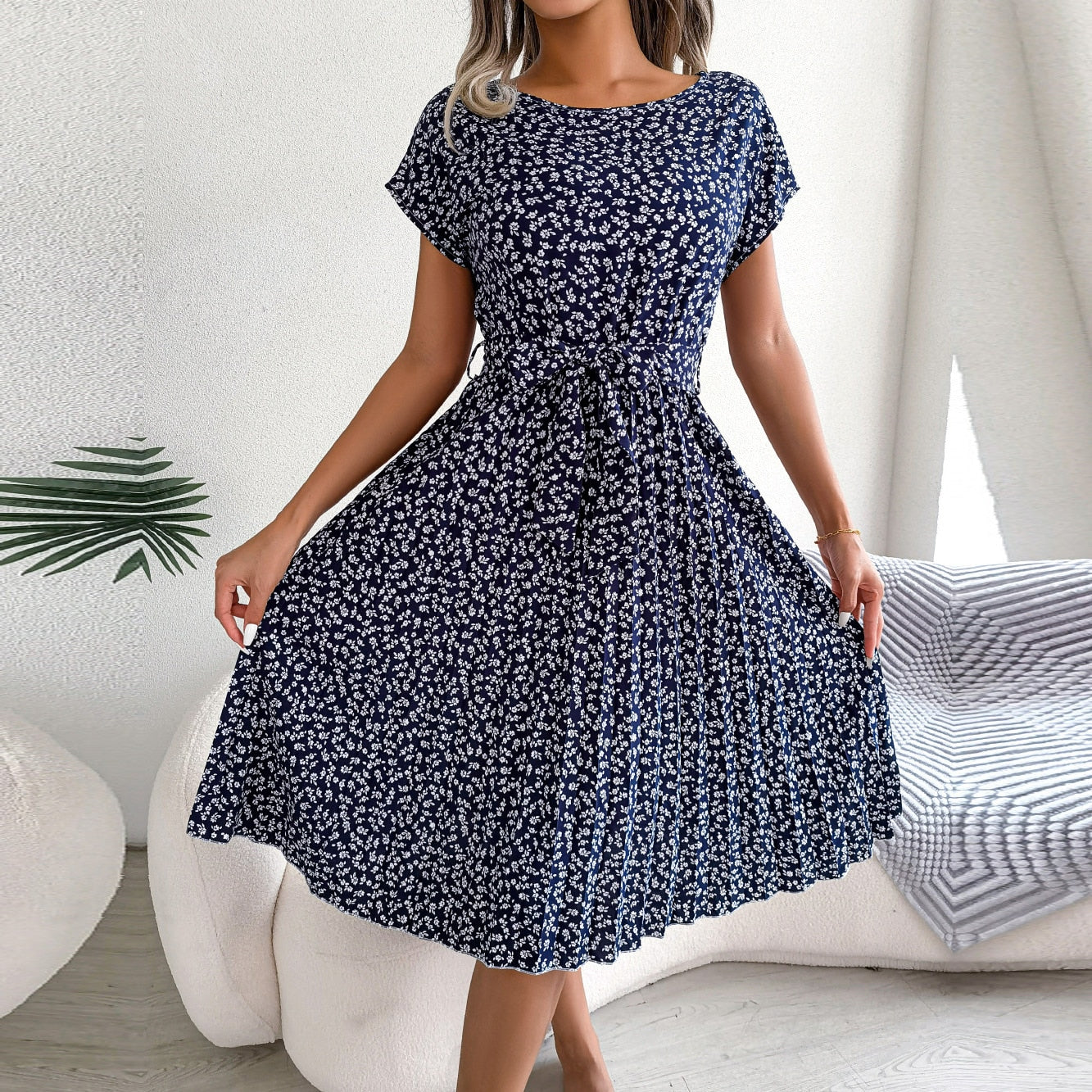 Long Dress Women Spring Summer Short Sleeve High Waist Chic Dress