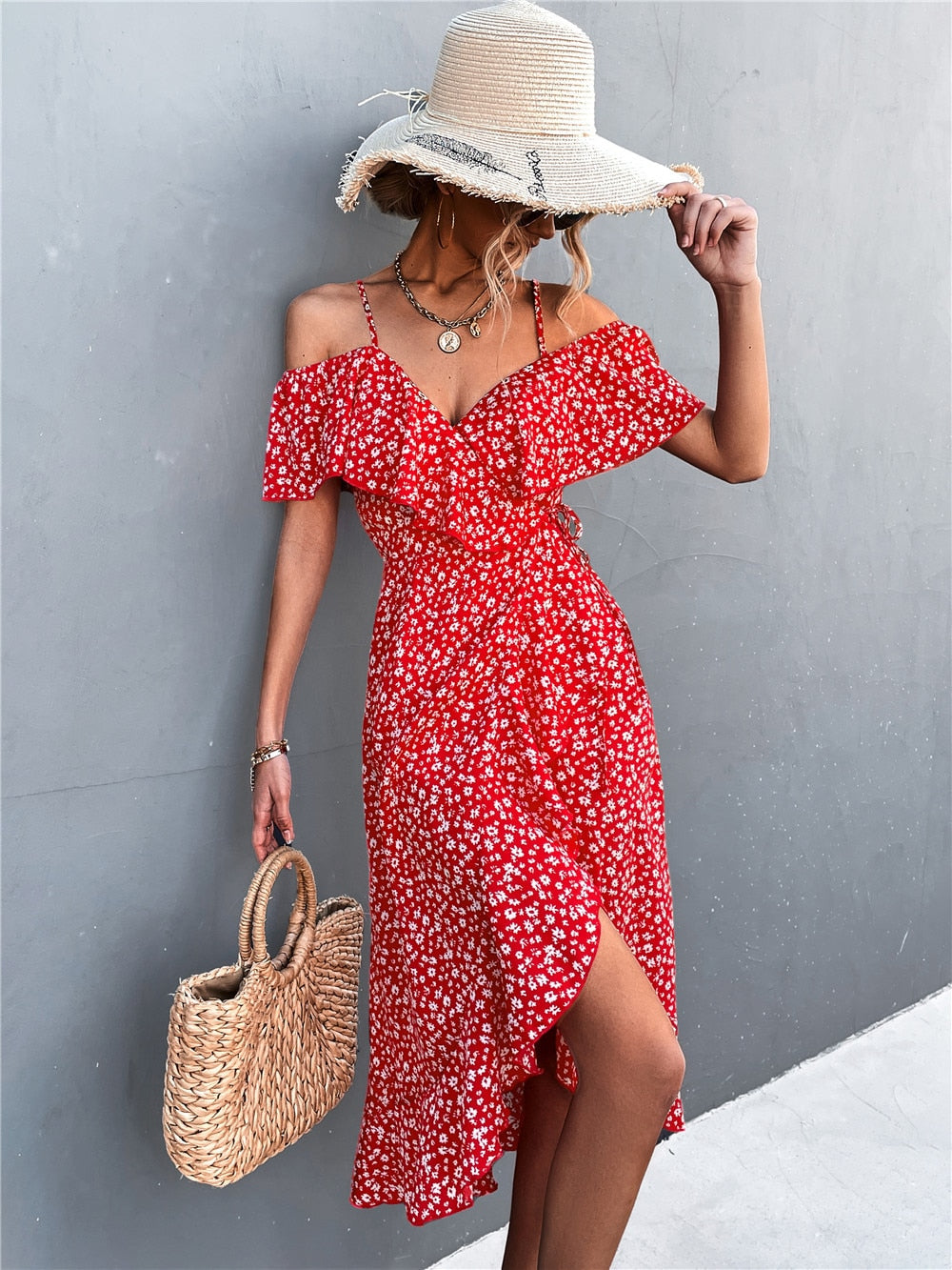 One-shoulder Floral Elegant Suspender Dress